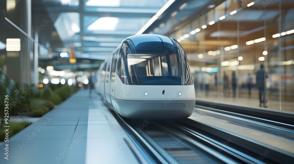 Poster automated people mover transporting passengers between airport terminals