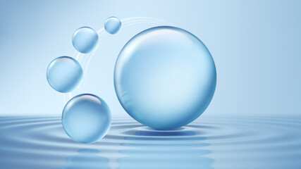 cosmetic moisturizer bubble on water surface, Cosmetic Essence, Liquid bubble, Molecule inside Liquid Bubble on water background, 3d rendering