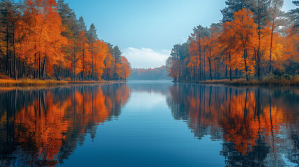 Fototapeta premium 紅葉に囲まれた静かな湖