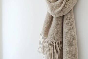 A beige woollen scarf with a thick, cozy texture, hanging on a white wall background, the detailed knitting pattern clearly visible, evoking a sense of warmth and comfort, with the simple and clean