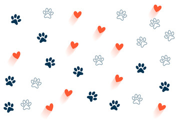 cute paw feet and heart pattern on white background