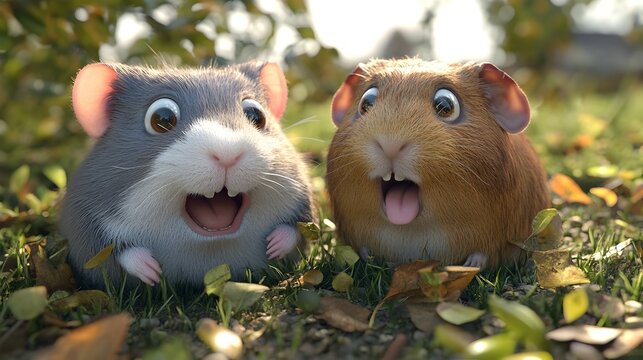 Chubby Hamster and Guinea Pig Taking a Goofy Selfie in 3D Render