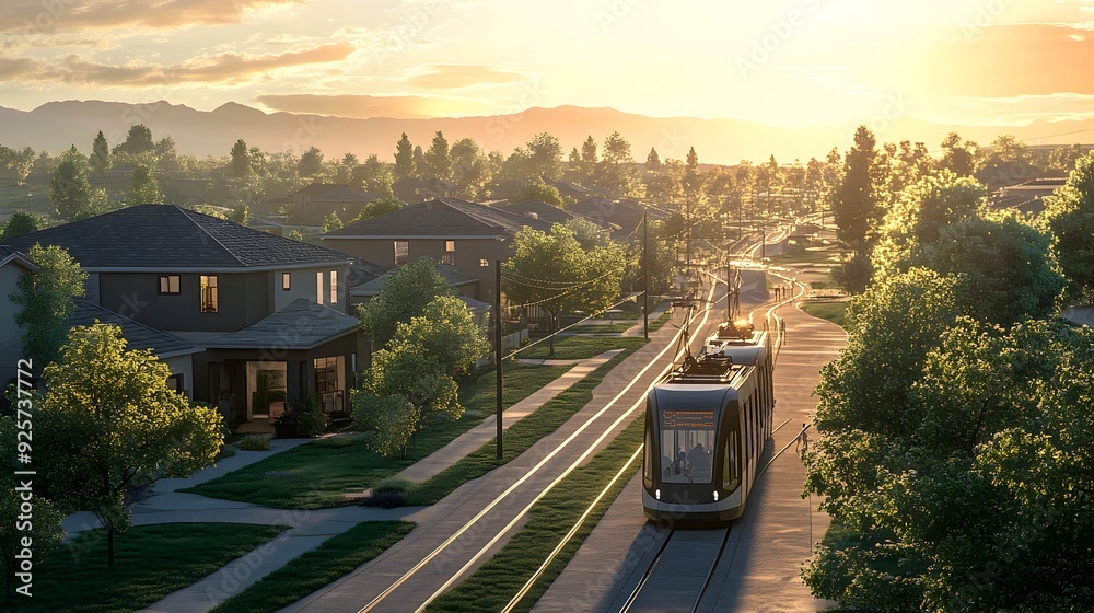 Poster futuristic light rail system traversing suburban cityscape