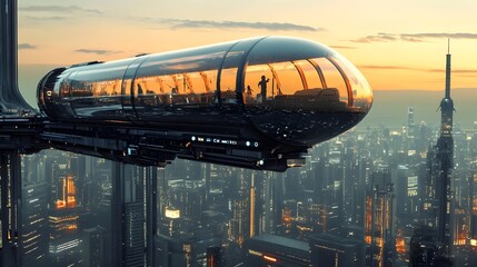 Futuristic 3D Monorail Suspended Above Transparent Cityscape