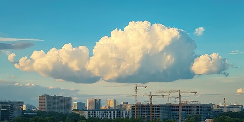 Fototapeta premium A large, white cloud hovers above the city , with cranes and buildings in the background