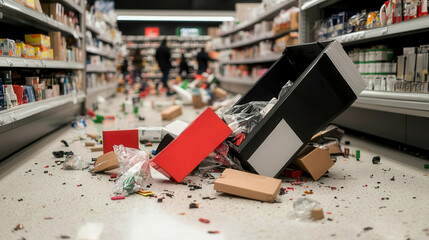 Messy store floor with dropped products, Black Friday rush, chao