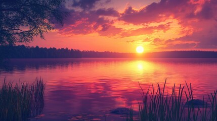 Obraz premium A breathtaking sunset over a tranquil lake, with the sky ablaze in warm hues of orange, pink, and purple, reflecting on the calm waters and creating a peaceful atmosphere.