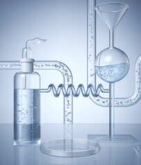 Cosmetic podium display with glass flask and cylinder equipment in medical science lab background,...