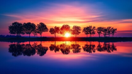 Obraz premium Stunning Sunset Over Tranquil Lake - Captured in a Breathtaking Photo
