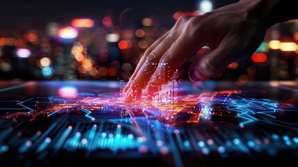 Futuristic virtual interaction with holographic displays in a hightech setting, creating a sense of advanced technology, Futuristic, Digital, Sharp focus
