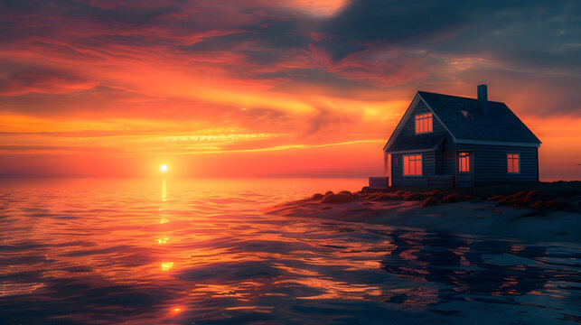 symbol of the house at sunset on the seashore