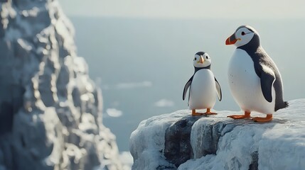 Obraz premium Penguin and Puffin Selfie on Icy Cliff Whimsical 3D Rendered Wildlife Scene