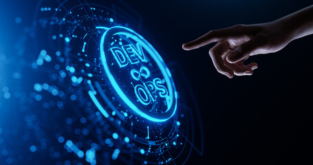 DevOps Dev Ops software development concept. Human Hand Touching Futuristic Virtual Screen with digital icon