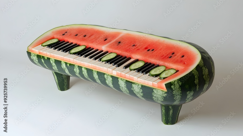 Poster watermelon piano with cucumber keys on white background