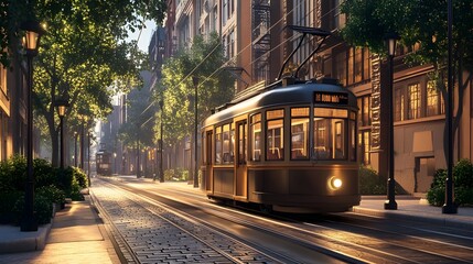 Naklejka premium Vintage Tram Traversing a Blend of Modern and Historic Architecture in the City