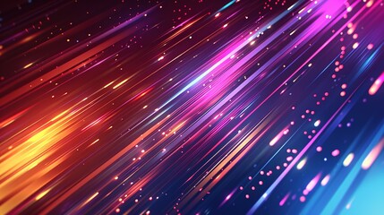 Obraz premium Abstract background with bright, colorful diagonal lines and glowing particles.