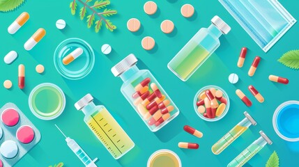 Colorful medical supplies, pills, vials, syringes, and face masks on a turquoise background, representing healthcare and medicine.