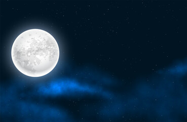 realistic full moon and starry midnight background with smoke effect