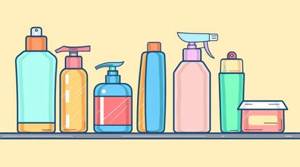 Colorful collection of various beauty and personal care products on a shelf. Includes bottles, sprays, and containers in different shapes.