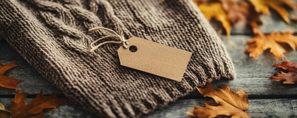 Close-up of a cozy knitted sweater with a markdown tag attached, surrounded by scattered autumn leaves, seasonal discount vibe