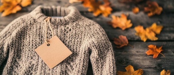 Close-up of a cozy knitted sweater with a markdown tag attached, surrounded by scattered autumn leaves, seasonal discount vibe