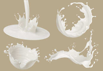 Set of Milk splash and pouring, yogurt or cream include Clipping path, 3d illustration.