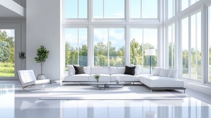 A bright and stylish living room featuring a white sofa, expansive windows, and sleek, modern furnishings in a cozy setting.