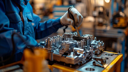 Repairman Working on Automatic Transmission at Car-Care Center, Disassembling Hydroblock with Horn Key, Detailed Tools and Components