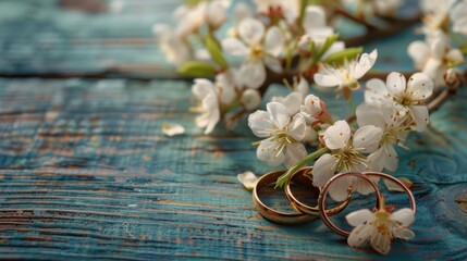 Fototapeta premium Wedding rings. Spring. Flowering branch on wooden surface.