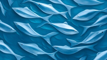 A silver river of fish flows elegantly through deep blue waters, each glimmering with a metallic sheen, watercolor style