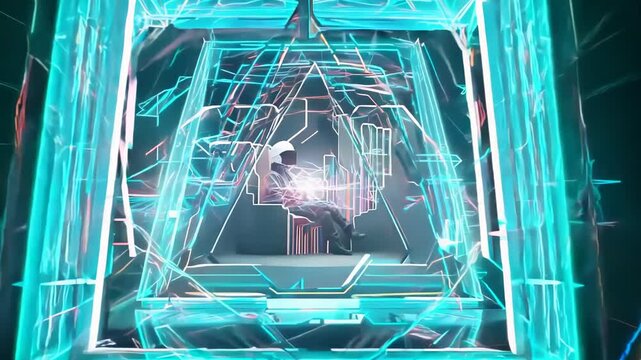 Figure sits motionless in geometric throne. Neon lines pulse with energy, forming complex patterns. Holographic interface flickers around subject, creating an otherworldly atmosphere.	