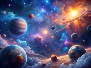 Captivating Galaxy Background with Distant Planets, Stellar Clouds, and Scattered Stars in Deep Space
