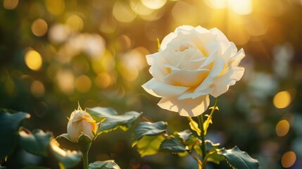White rose flower in the garden and sunlight with bokeh