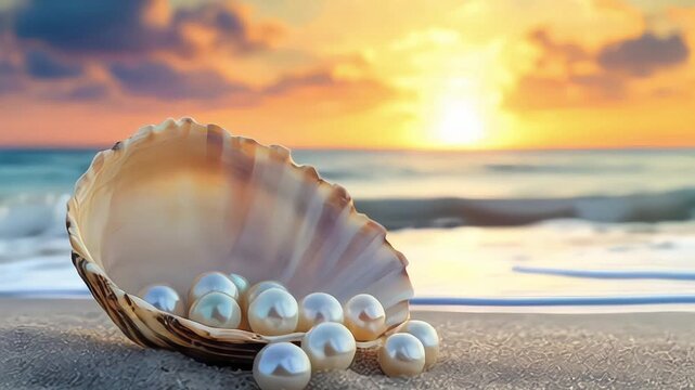 Natural sea pearls in a pink shell on clear water with jewelry stand, waves, sunset shimmering, sea pearls, shell