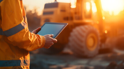 A construction worker using a tablet at a job site, highlighting technology's role in modern construction.