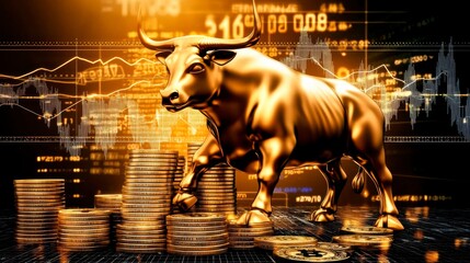 The golden bull on bitcoin coins, charts and upward arrow symbolize economic growth.