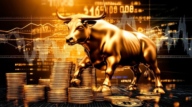 The golden bull on bitcoin coins, charts and upward arrow symbolize economic growth.
