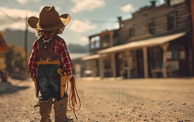 A young child dressed as a cowboy stands on a dusty street in an old western town, embodying the spirit of the Wild West.