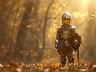 Fototapeta premium A young child dressed as a knight stands in an autumn forest, holding a shield and sword amidst golden sunlight and fallen leaves.