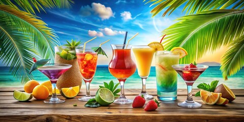 tropical getaway illustration colorful drinks mixed cocktails
