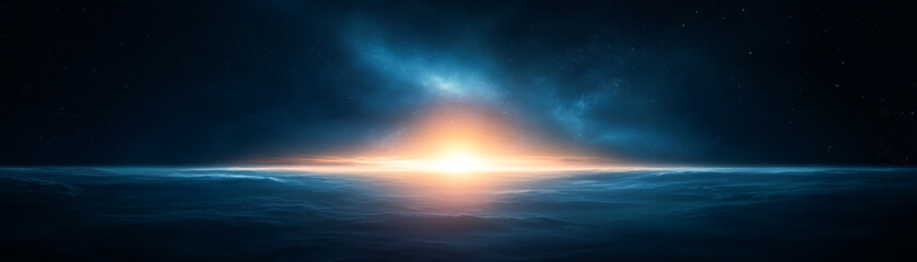 Obraz premium A stunning cosmic scene depicting a glowing horizon over a tranquil sea, illustrating the beauty of nature and the universe.