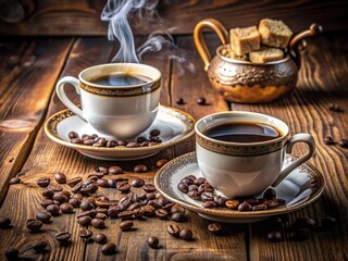 Two steaming cups of freshly brewed coffee sit on a rustic wooden table, adorned with a delicate porcelain sugar container and a sprinkle of coffee beans.