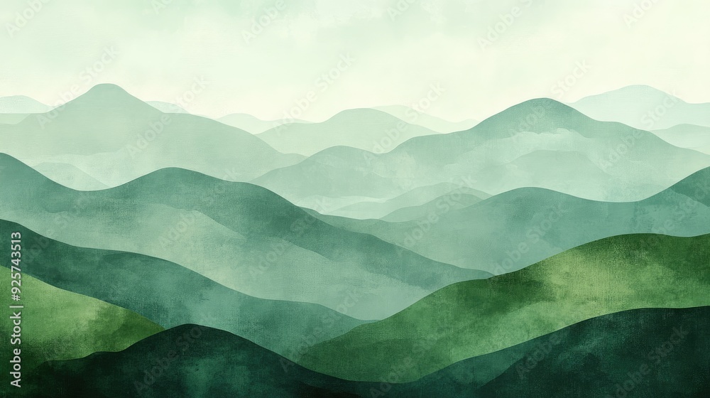 Fototapete a calming abstract landscape in varying shades of green, with hills and mountains creating a peacefu