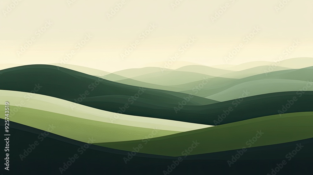 Fototapete a calming abstract landscape in varying shades of green, with hills and mountains creating a peacefu