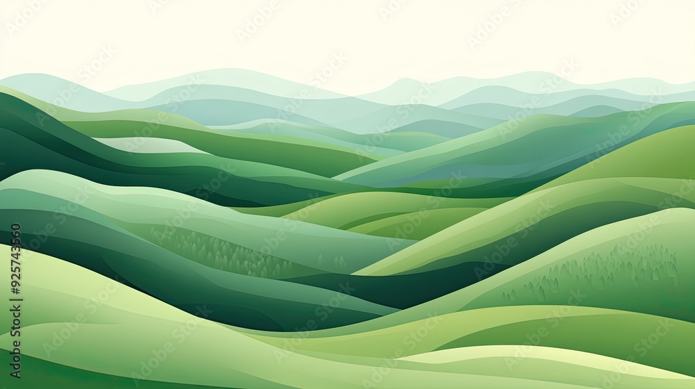 Fototapete a calming abstract landscape in varying shades of green, with hills and mountains creating a peacefu