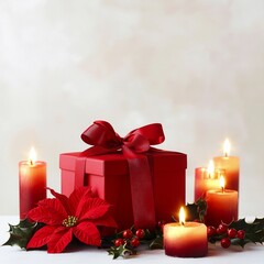 A red Christmas gift box tied with a red ribbon, surrounded by a red flower and softly lit candles, isolated against a clean white wall, creating a festive yet minimalist holiday decoration