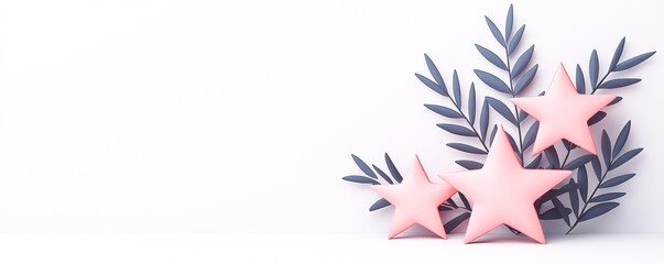 Obraz premium Soft pink stars arranged with delicate leaves on a white background, creating a whimsical and serene composition.
