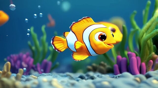 3D cartoon underwater world featuring playful sea creatures, coral reefs, and sunken treasures, with a high-quality backdrop enhancing the vibrant underwater adventure 