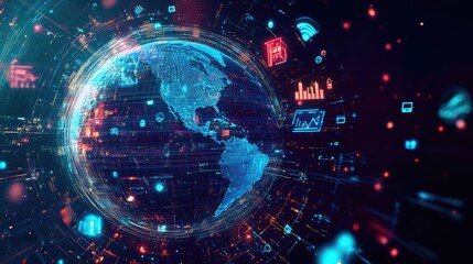 Obraz premium A digital globe with business icons and innovation symbols, representing global opportunities.