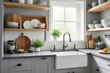 Fototapeta premium Modern Kitchen Sink with Grey Cabinets and Open Shelving